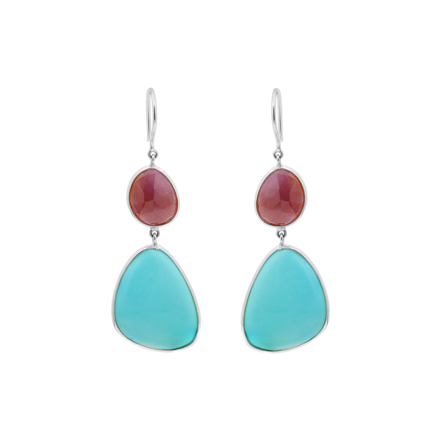 18k Yellow Gold Turquoise And Natural Ruby Gemstone Drop Dangle Earring