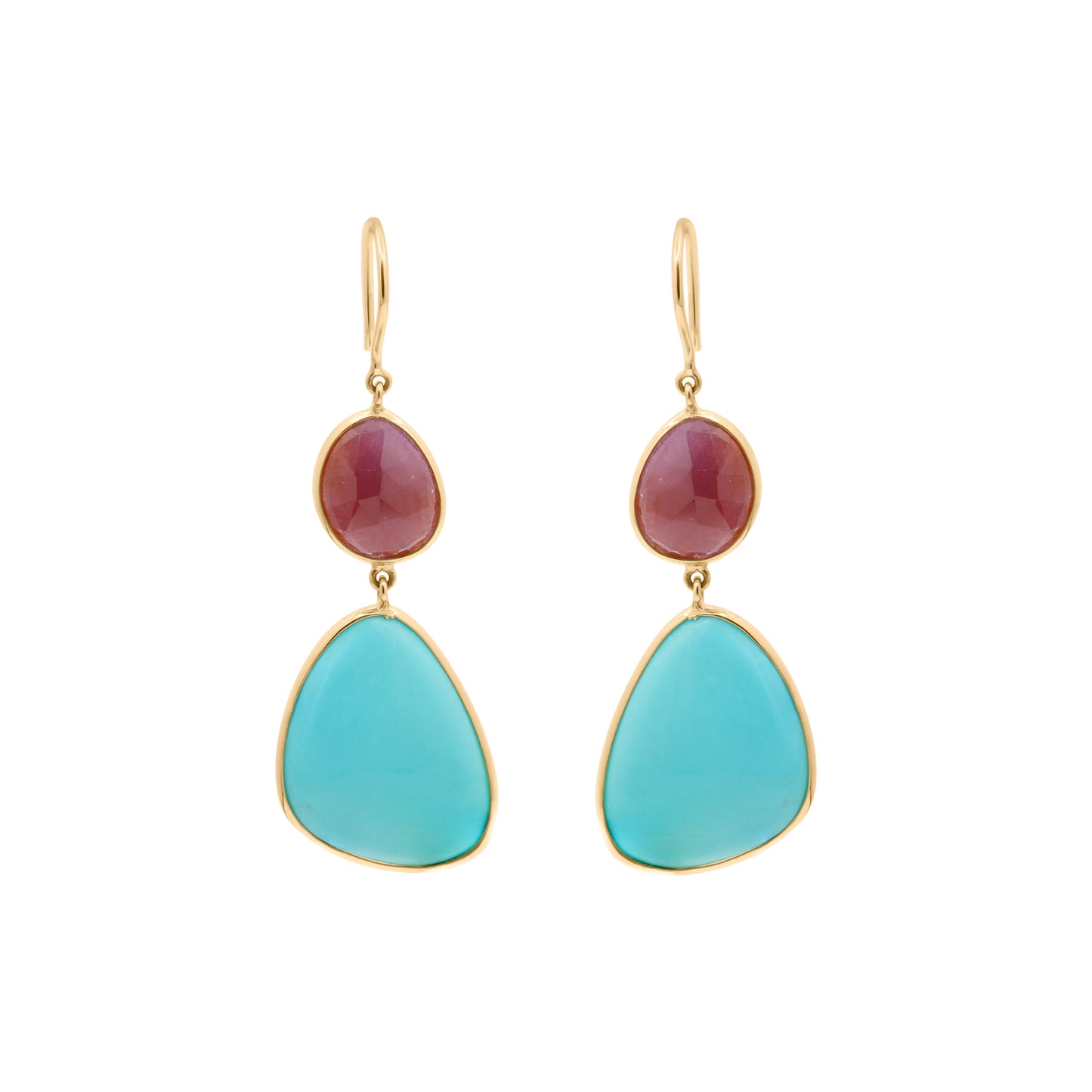 18k Yellow Gold Turquoise And Natural Ruby Gemstone Drop Dangle Earring