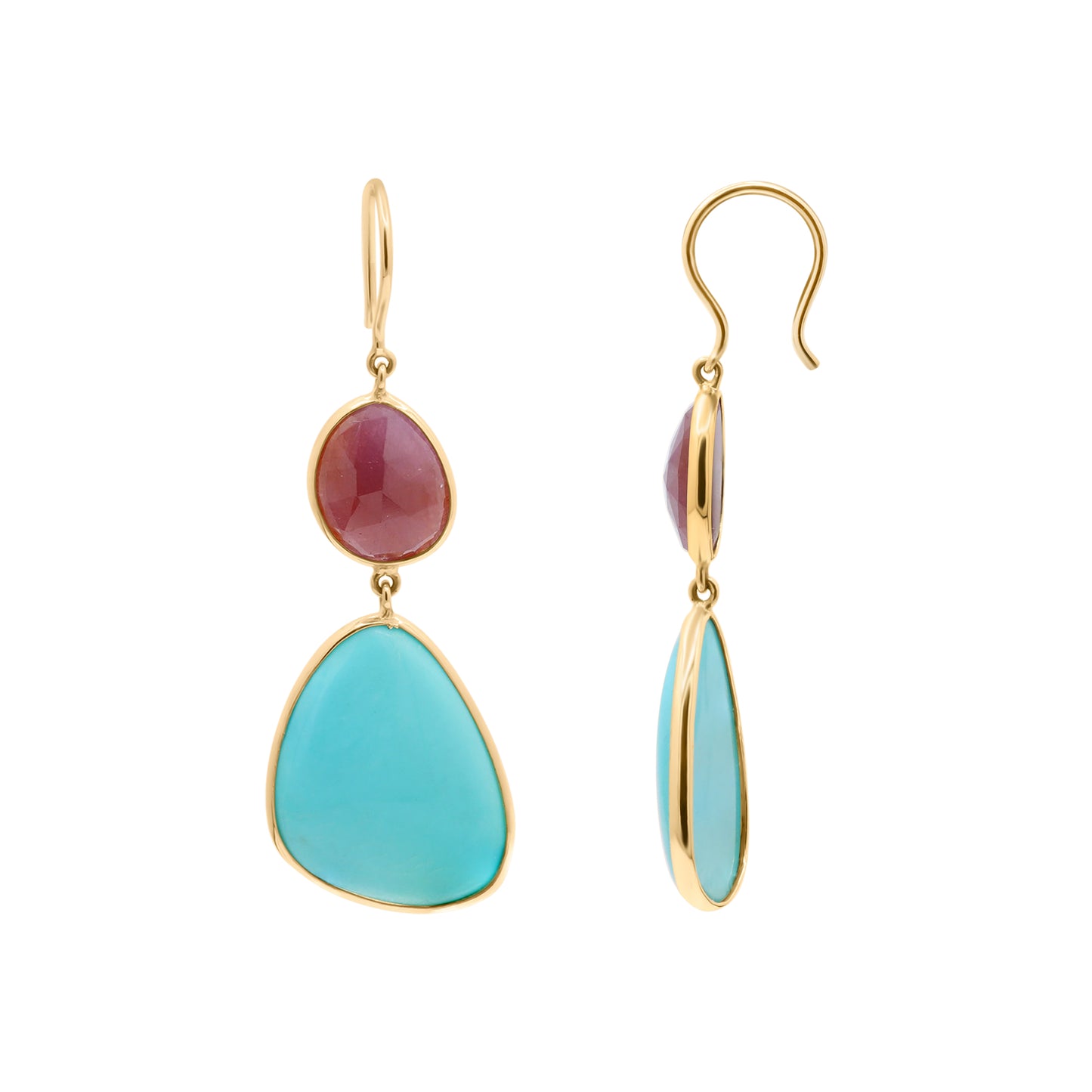 18k Yellow Gold Turquoise And Natural Ruby Gemstone Drop Dangle Earring