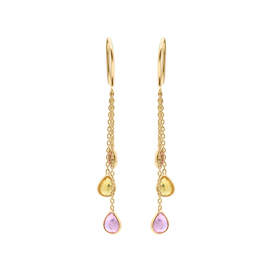 Natural Pink, Yellow, Orange Sapphire Gemstone 18k Gold Drop Earring