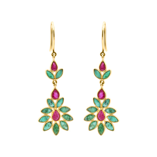 Natural Ruby And Emerald Gemstone 18k Gold Drop Earring