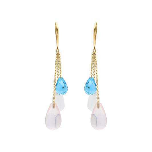 Natural Rose Quartz, Cat's Eye And Blue Topaz Gemstone Earrings In 14k Yellow Gold