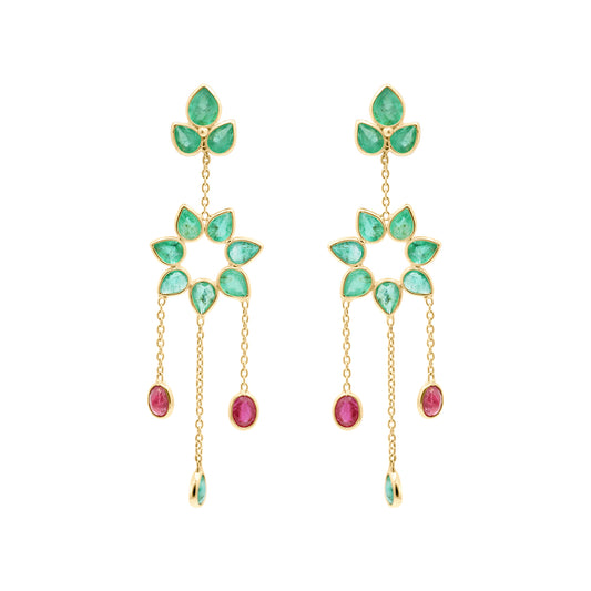 18k Gold Precious Ruby And Emerald Drop Dangle Designer Earrings