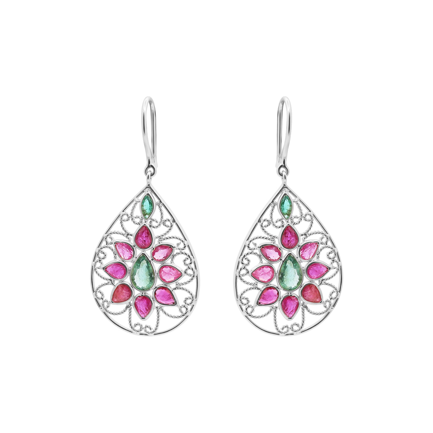 Natural Ruby And Emerald Gemstone Beautiful Earrings In 14k Gold