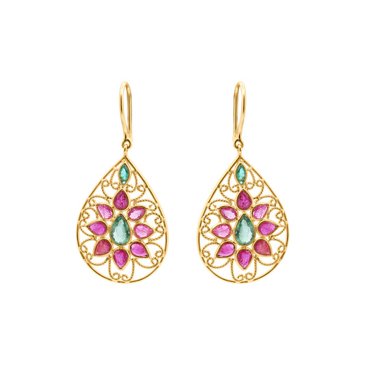 Natural Ruby And Emerald Gemstone Beautiful Earrings In 14k Gold