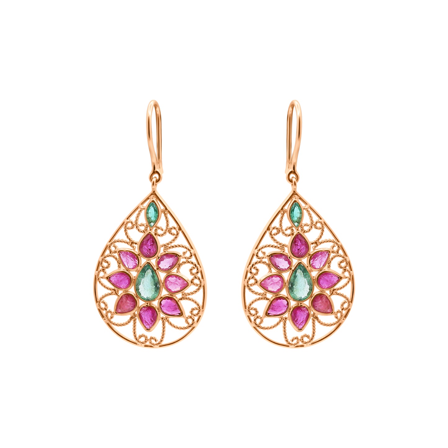 Natural Ruby And Emerald Gemstone Beautiful Earrings In 14k Gold