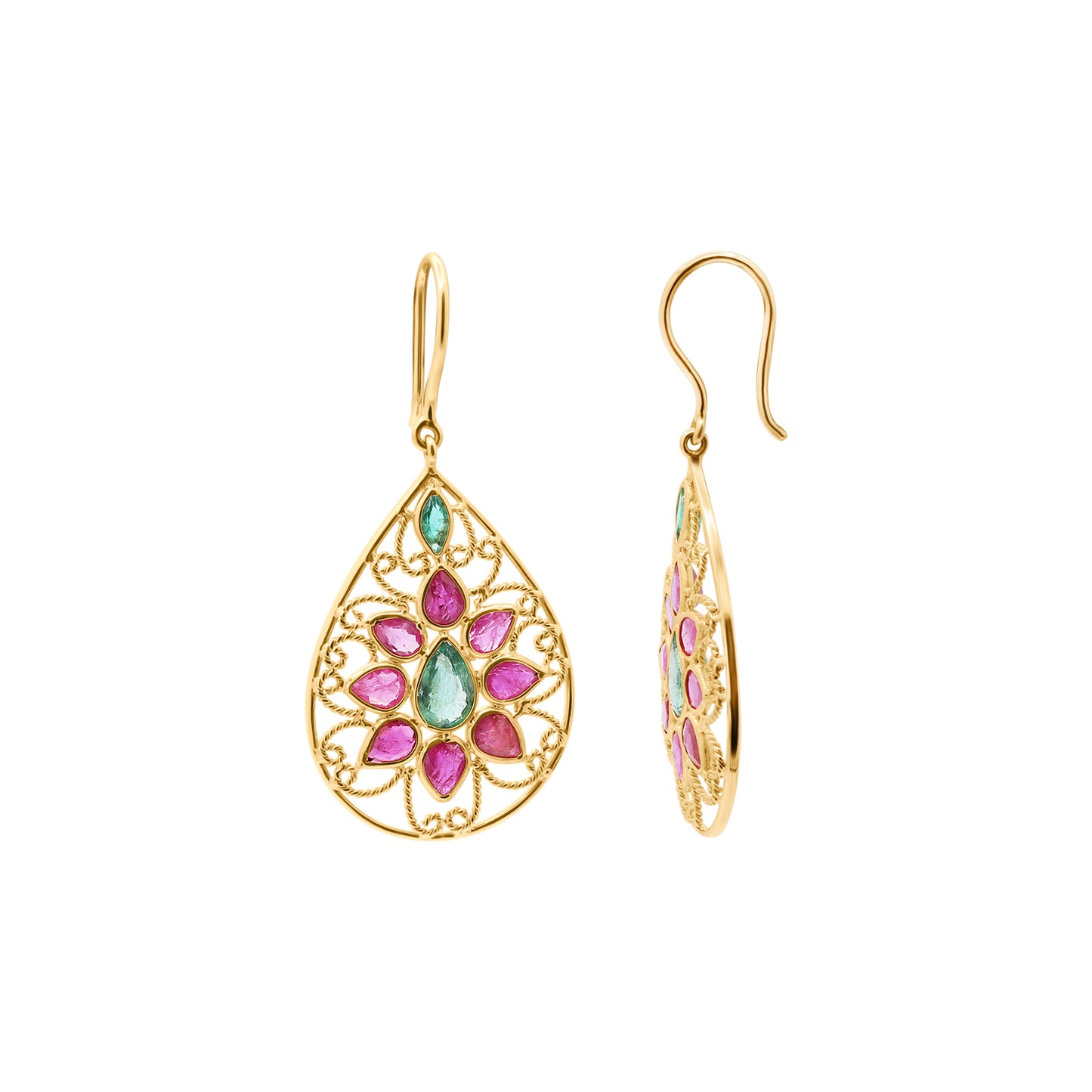 Natural Ruby And Emerald Gemstone Beautiful Earrings In 14k Gold