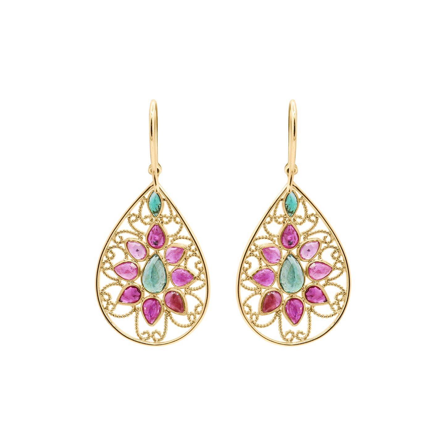 Natural Ruby And Emerald Gemstone Beautiful Earrings In 14k Gold