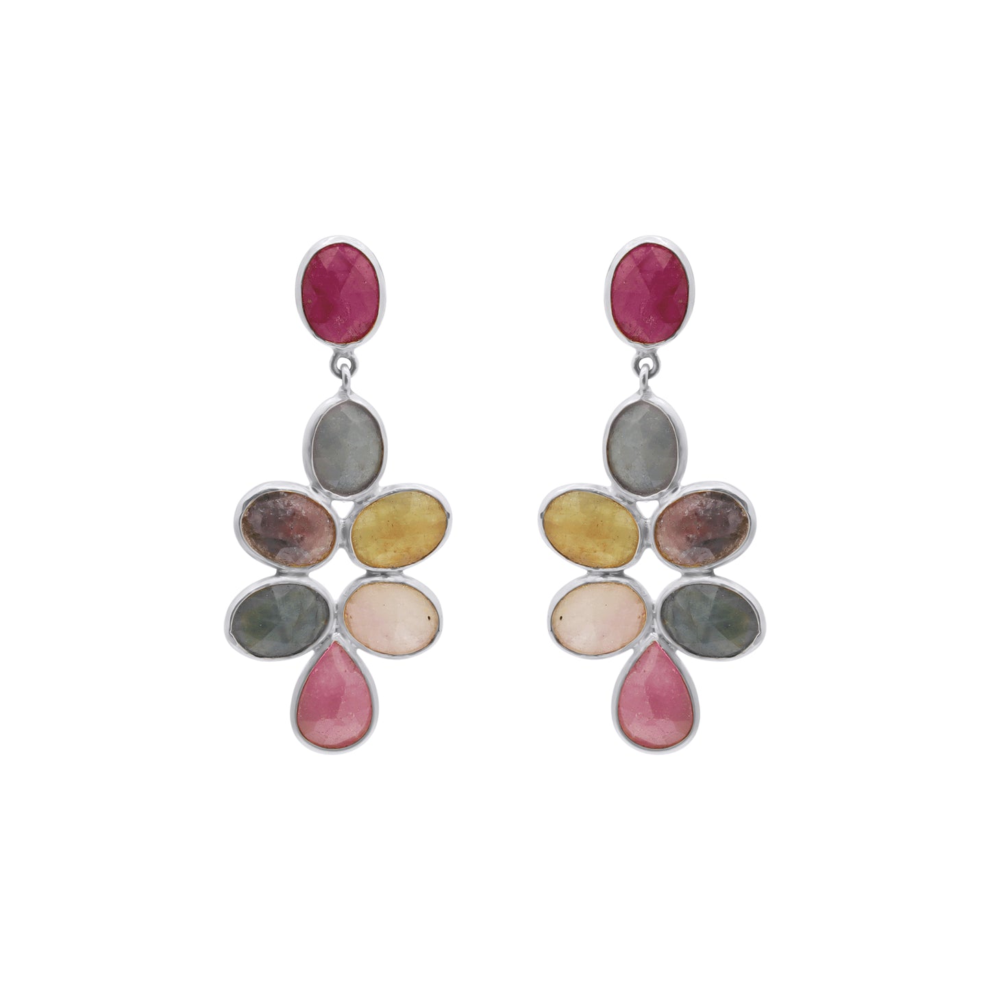 Natural Ruby And Multi Sapphire Gemstone Drop Earring In 14k Gold