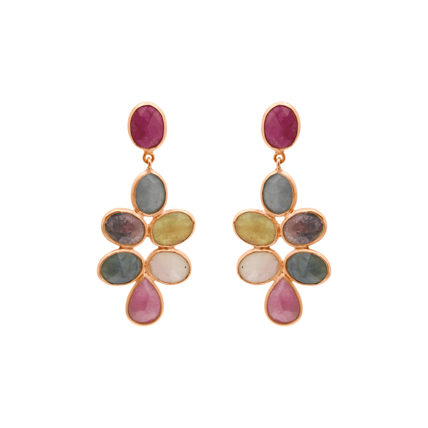 Natural Ruby And Multi Sapphire Gemstone Drop Earring In 14k Gold
