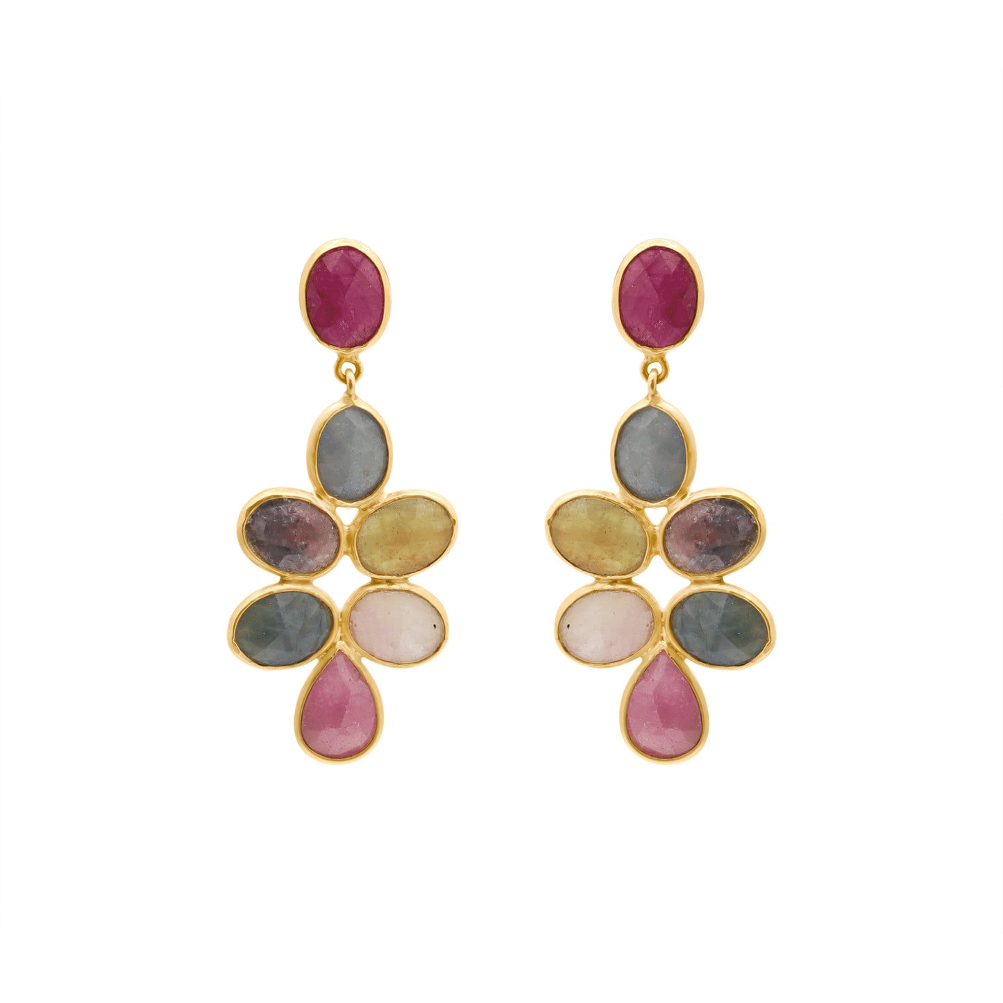 Natural Ruby And Multi Sapphire Gemstone Drop Earring In 14k Gold
