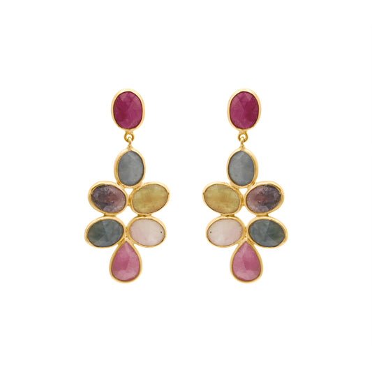 Natural Ruby And Multi Sapphire Gemstone Drop Earring In 14k Gold