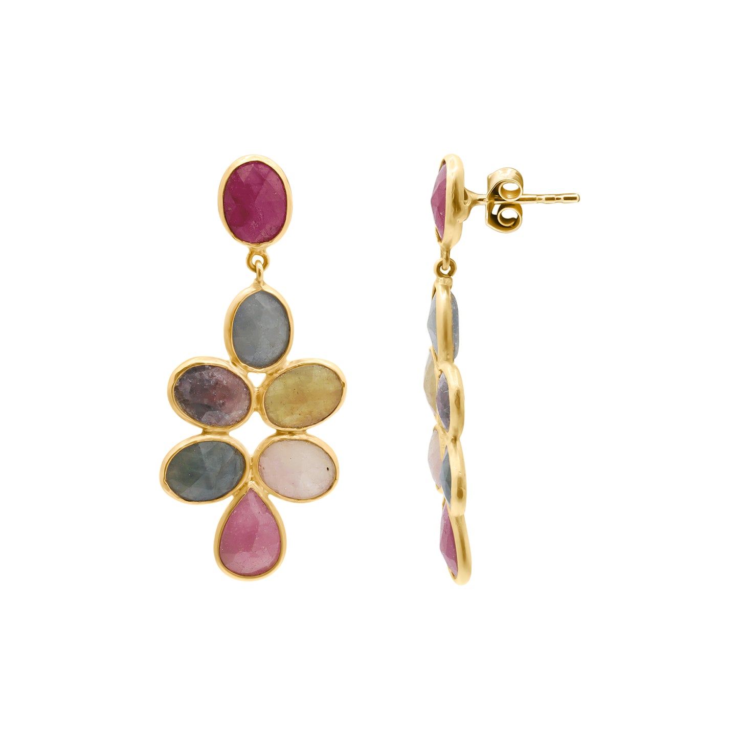 Natural Ruby And Multi Sapphire Gemstone Drop Earring In 14k Gold