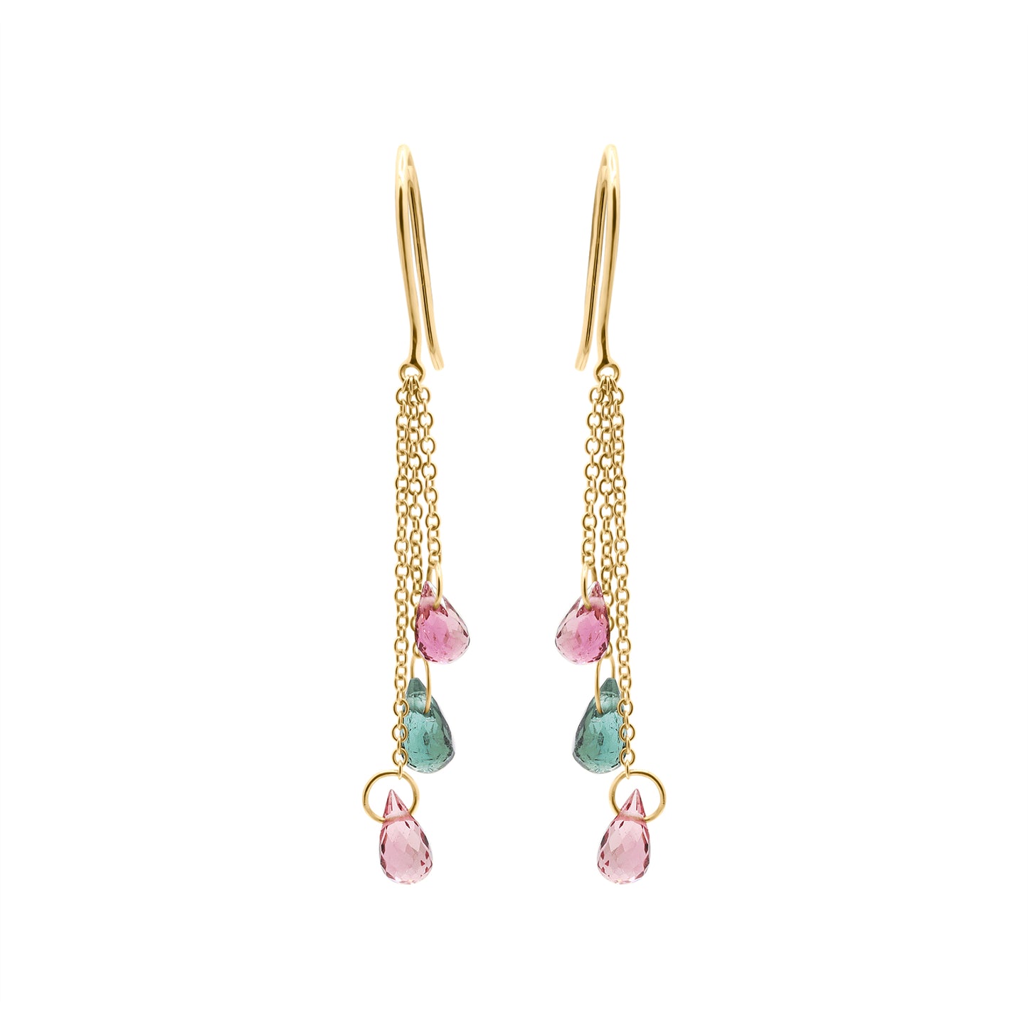 Natural Multi Tourmaline Gemstone Drop Handmade Earrings In 18k Gold