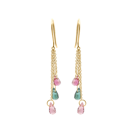 Natural Multi Tourmaline Gemstone Drop Handmade Earrings In 18k Gold