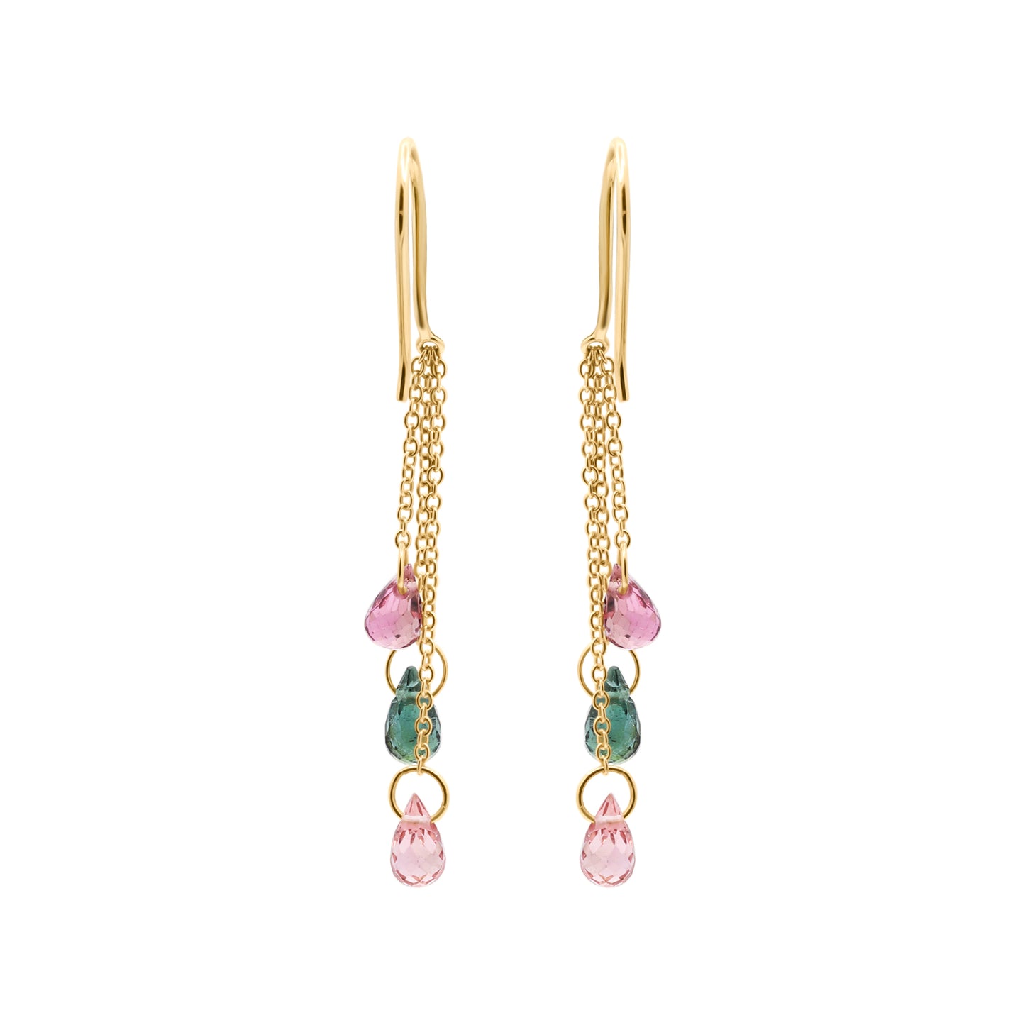Natural Multi Tourmaline Gemstone Drop Handmade Earrings In 18k Gold