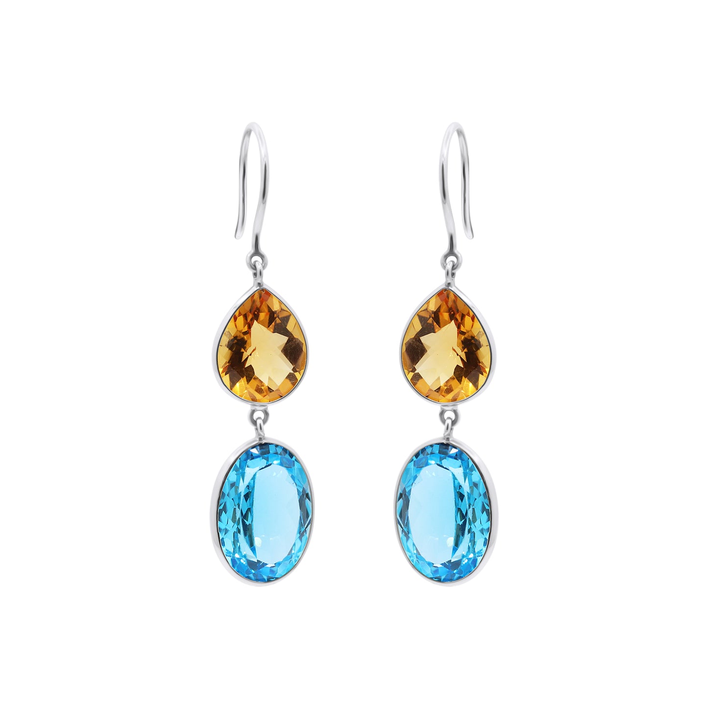 Natural Citrine And Blue Topaz Drop Gemstone Earrings In 18k Gold