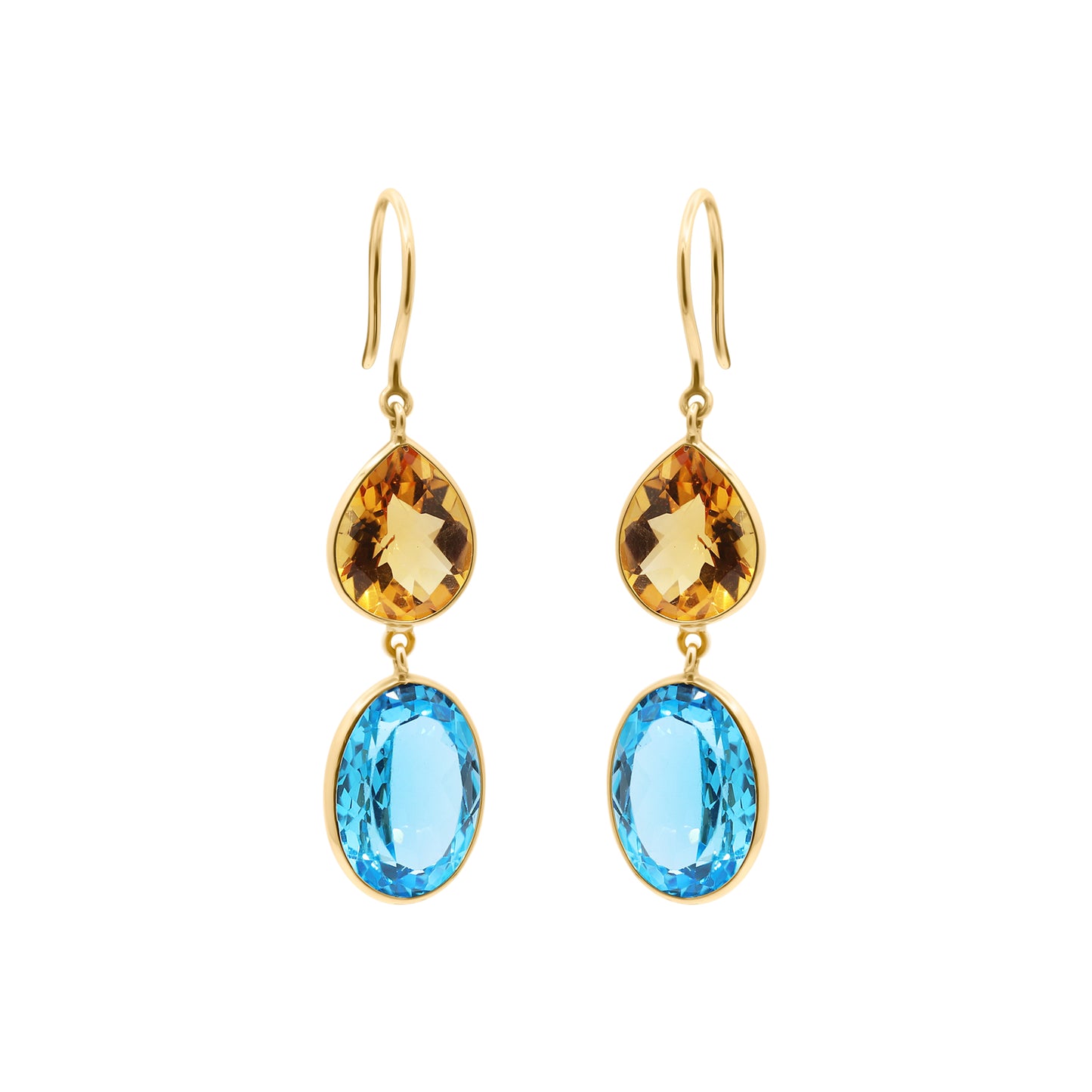 Natural Citrine And Blue Topaz Drop Gemstone Earrings In 18k Gold