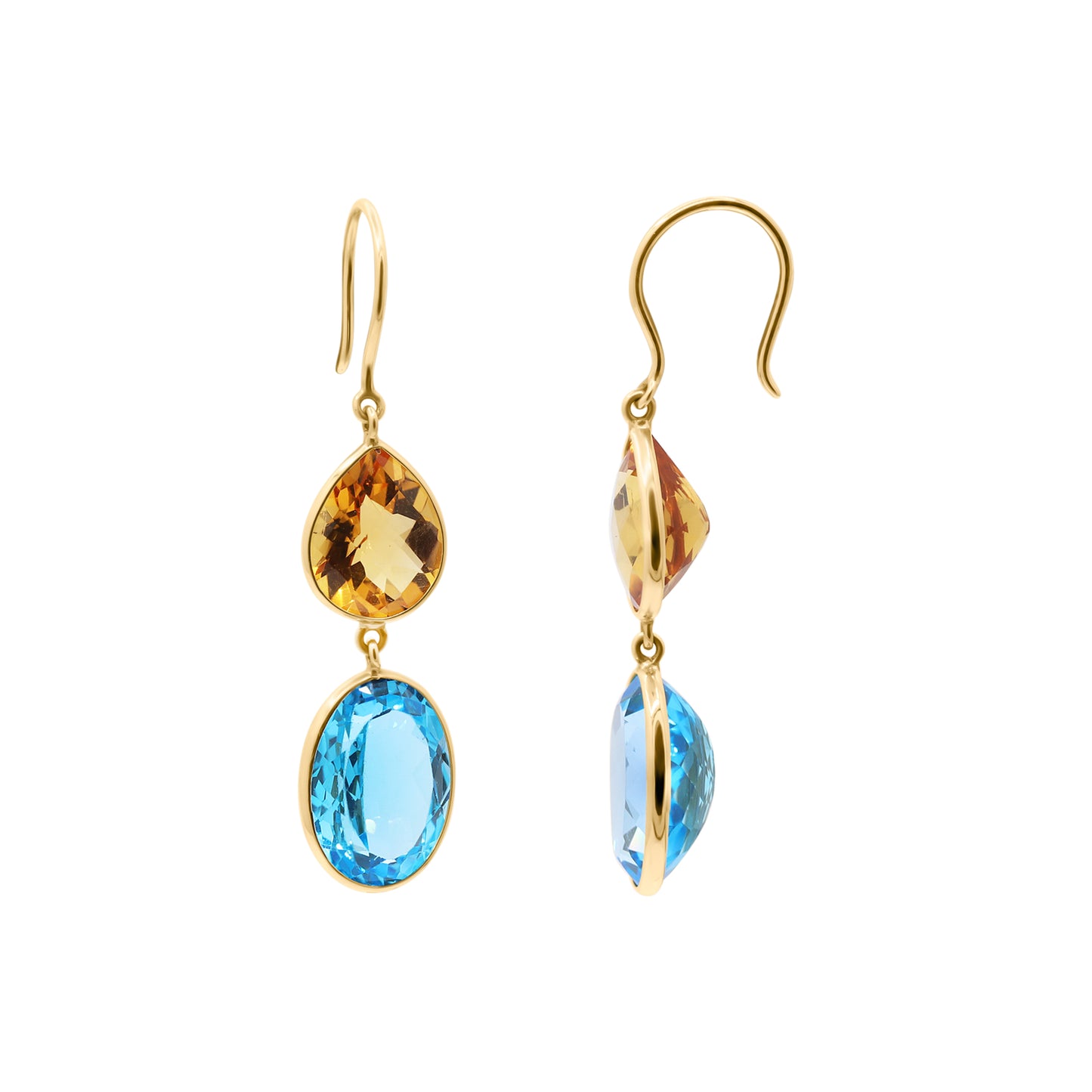 Natural Citrine And Blue Topaz Drop Gemstone Earrings In 18k Gold