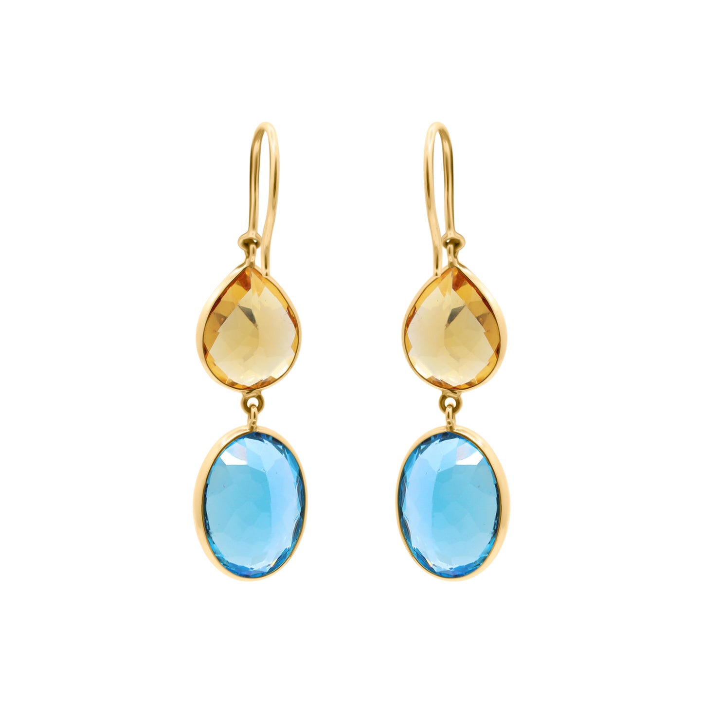 Natural Citrine And Blue Topaz Drop Gemstone Earrings In 18k Gold