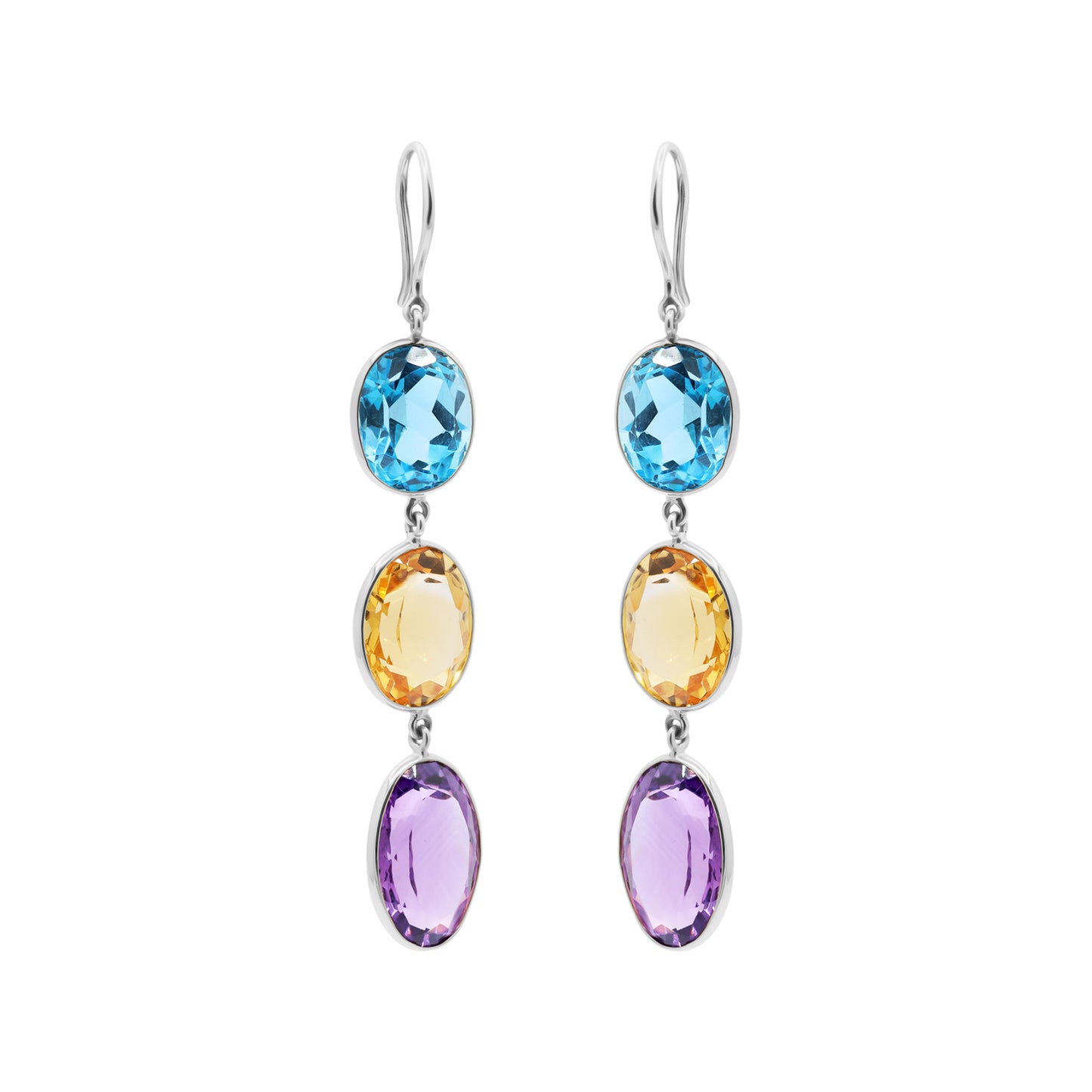 Natural Citrine, Blue Topaz And Amethyst Gemstone Dangle Earring In 18k Gold