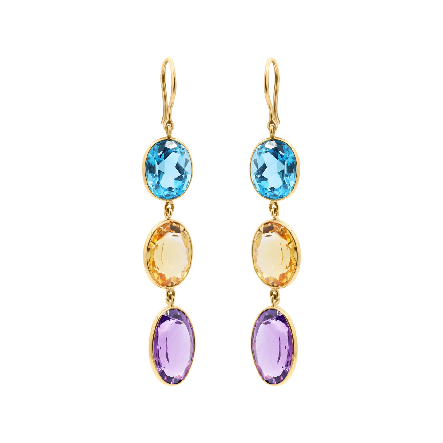 Natural Citrine, Blue Topaz And Amethyst Gemstone Dangle Earring In 18k Gold