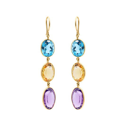 Natural Citrine, Blue Topaz And Amethyst Gemstone Dangle Earring In 18k Gold