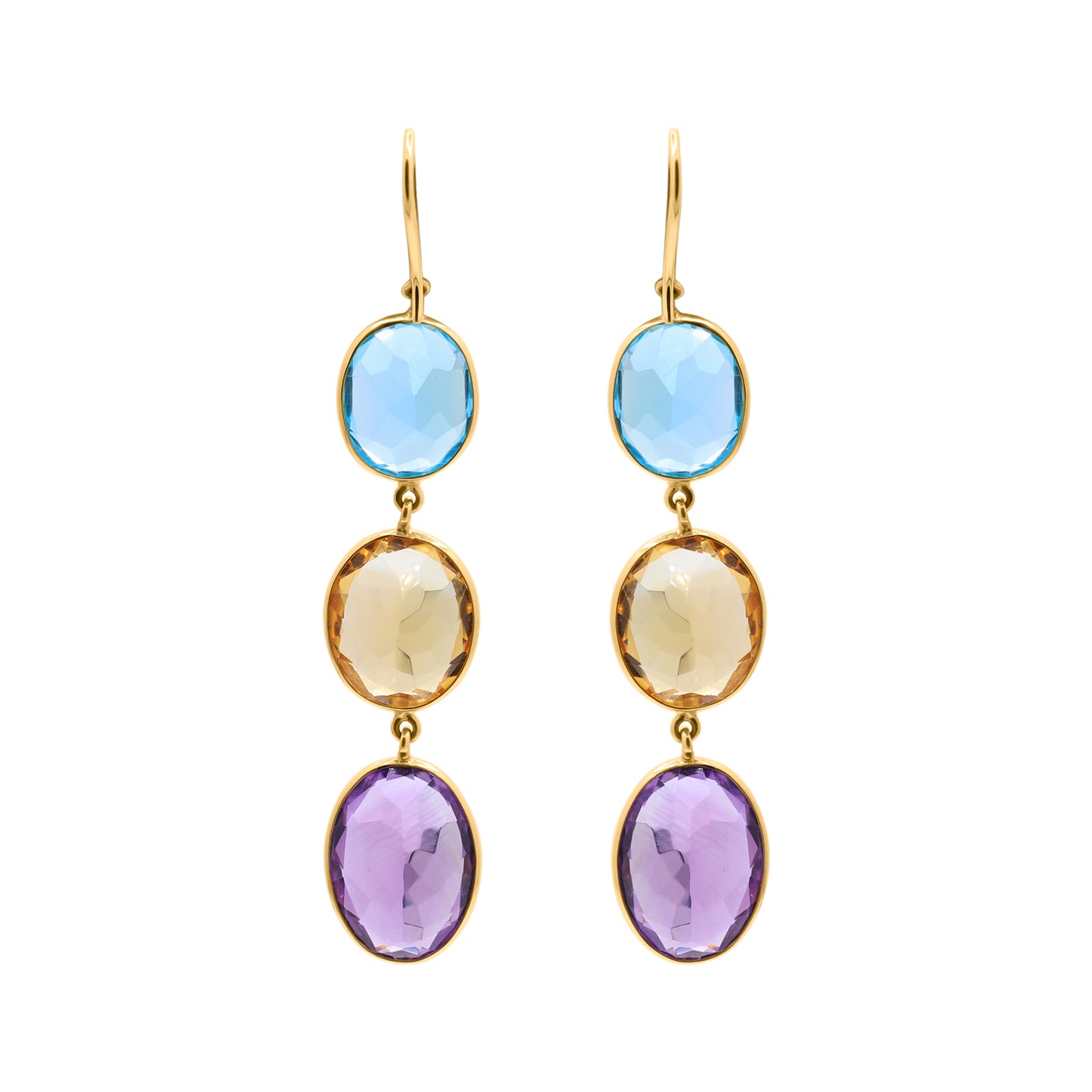 Natural Citrine, Blue Topaz And Amethyst Gemstone Dangle Earring In 18k Gold