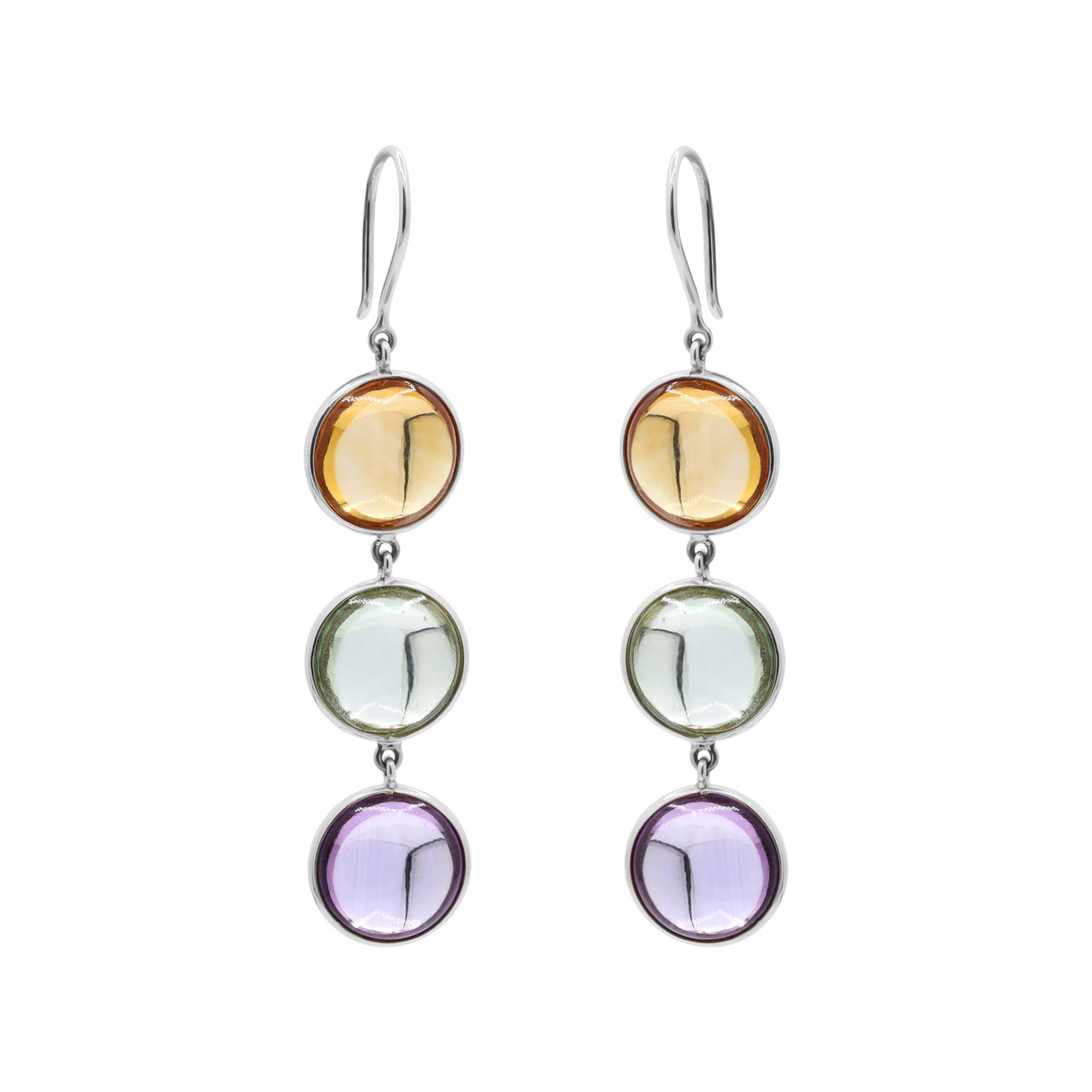 Natural Round Citrine, Green Amethyst, Amethyst Gemstone Drop Earrings In 18k Gold