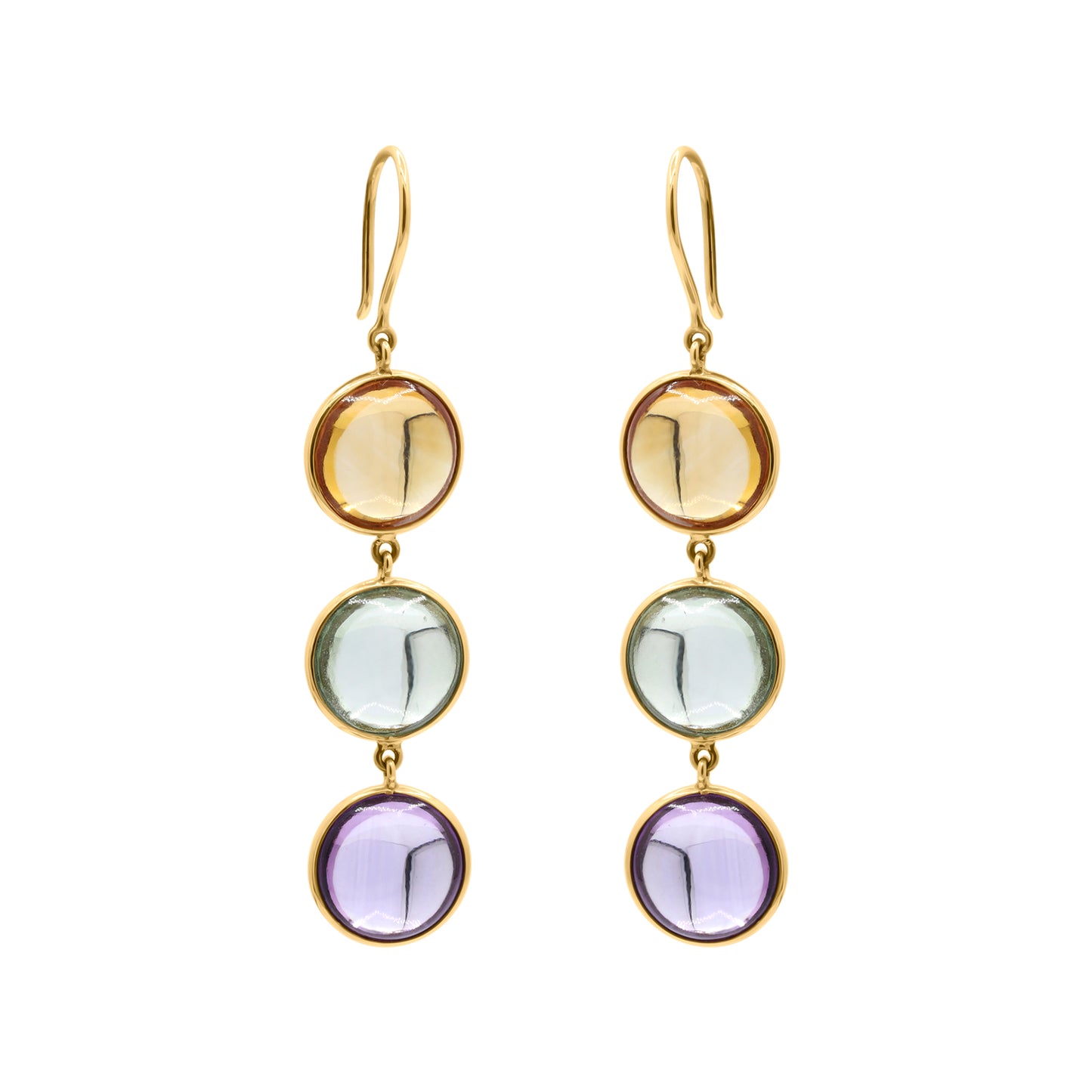 Natural Round Citrine, Green Amethyst, Amethyst Gemstone Drop Earrings In 18k Gold