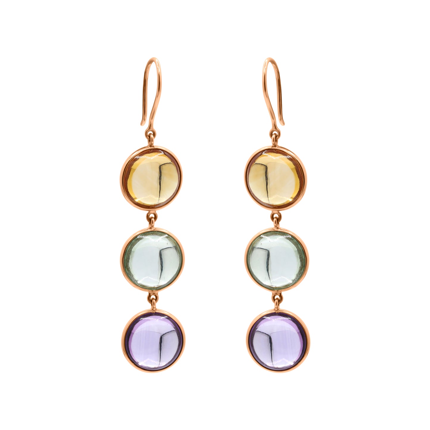Natural Round Citrine, Green Amethyst, Amethyst Gemstone Drop Earrings In 18k Gold