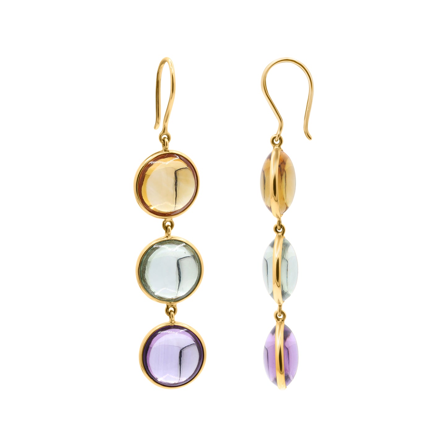 Natural Round Citrine, Green Amethyst, Amethyst Gemstone Drop Earrings In 18k Gold