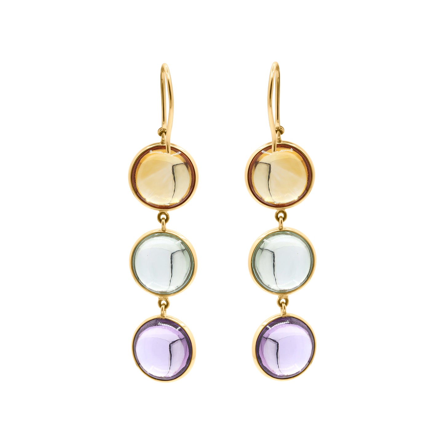 Natural Round Citrine, Green Amethyst, Amethyst Gemstone Drop Earrings In 18k Gold