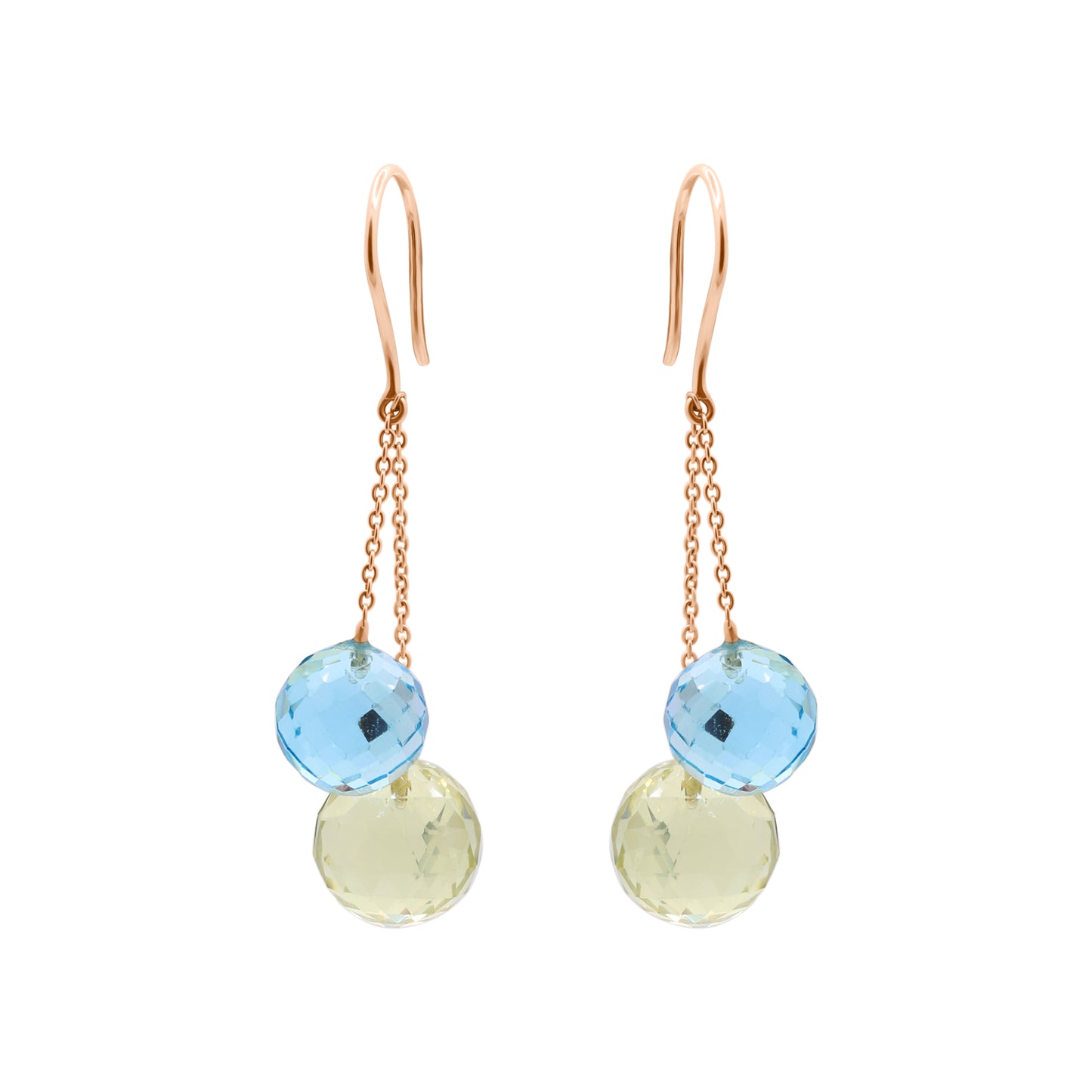 Natural Blue Topaz And Lemon Quartz Ball Shaped Gemstone Earring In 18k Yellow Gold