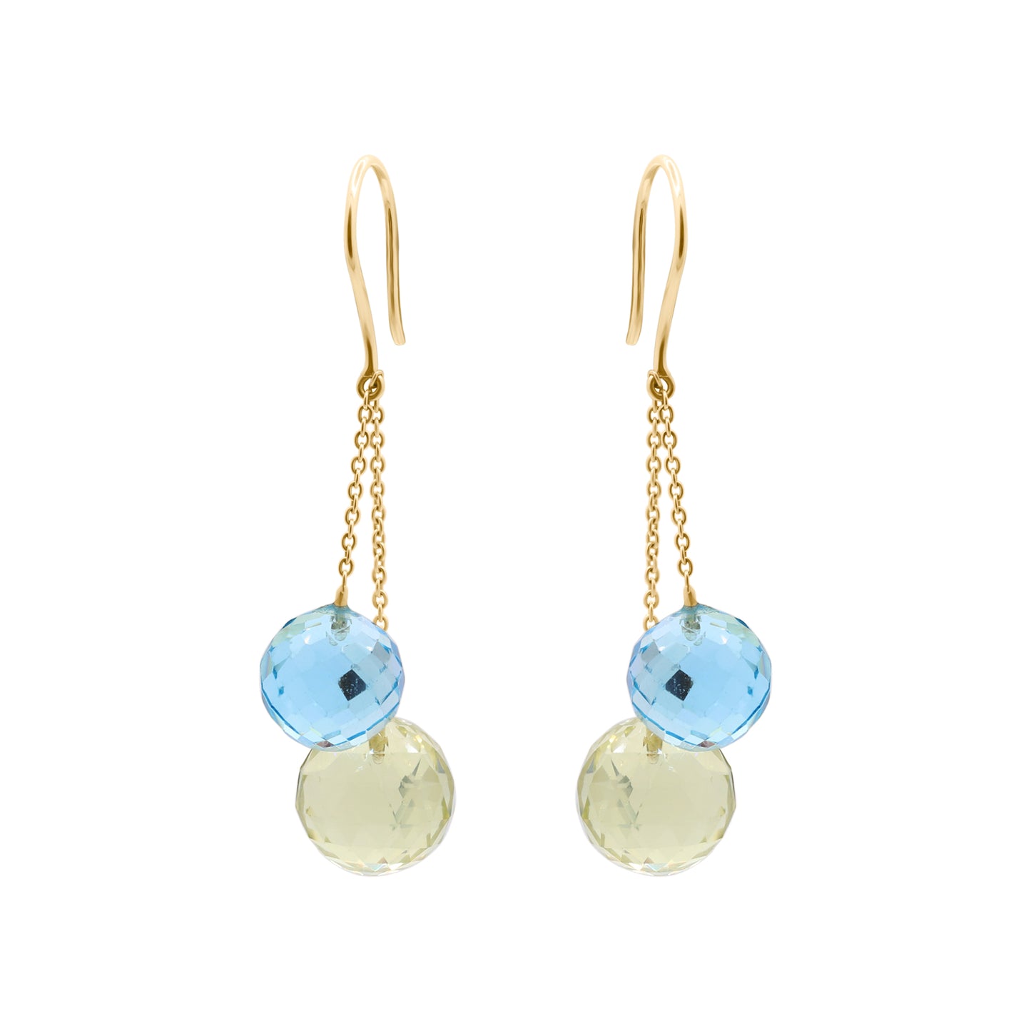 Natural Blue Topaz And Lemon Quartz Ball Shaped Gemstone Earring In 18k Yellow Gold
