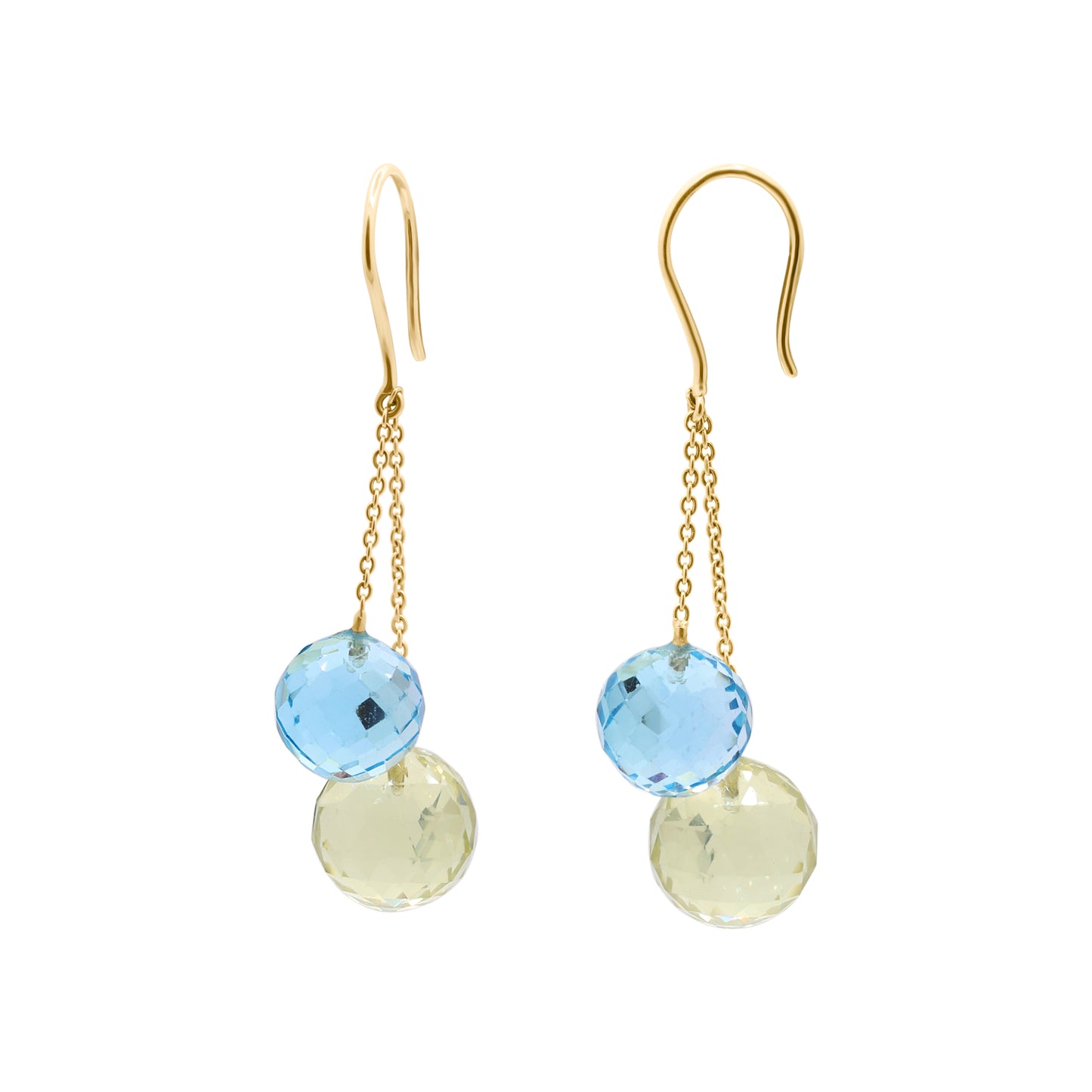 Natural Blue Topaz And Lemon Quartz Ball Shaped Gemstone Earring In 18k Yellow Gold