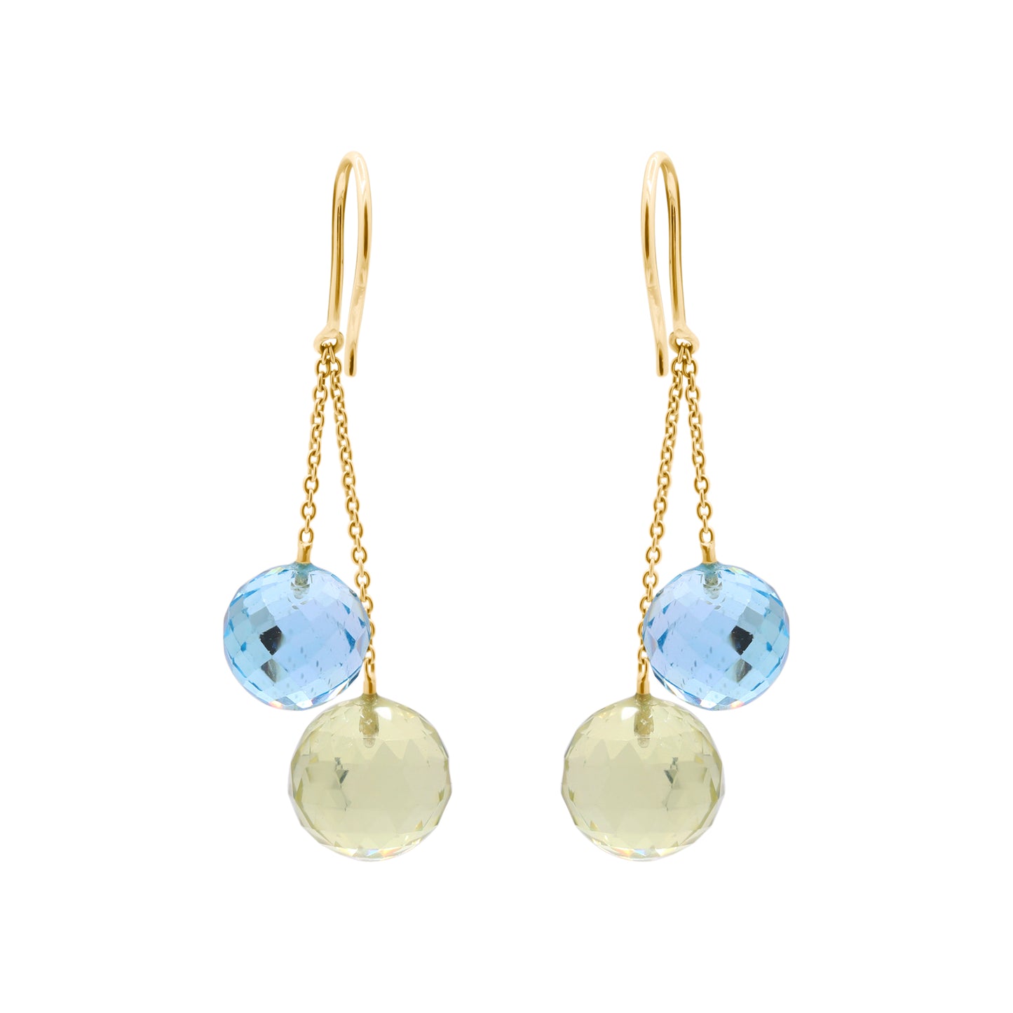 Natural Blue Topaz And Lemon Quartz Ball Shaped Gemstone Earring In 18k Yellow Gold