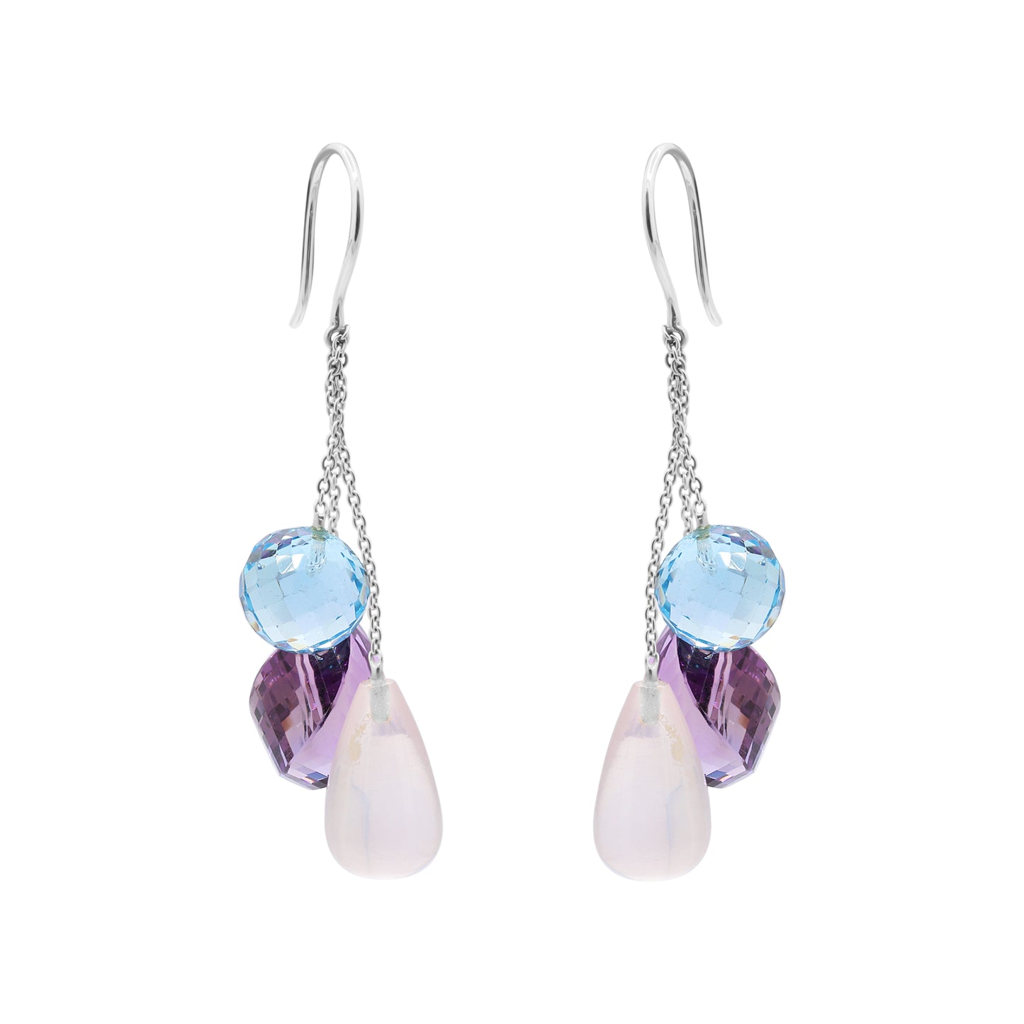 Natural Rose Quartz, Blue Topaz And Amethyst Gemstone Drop Earring In 18k Gold