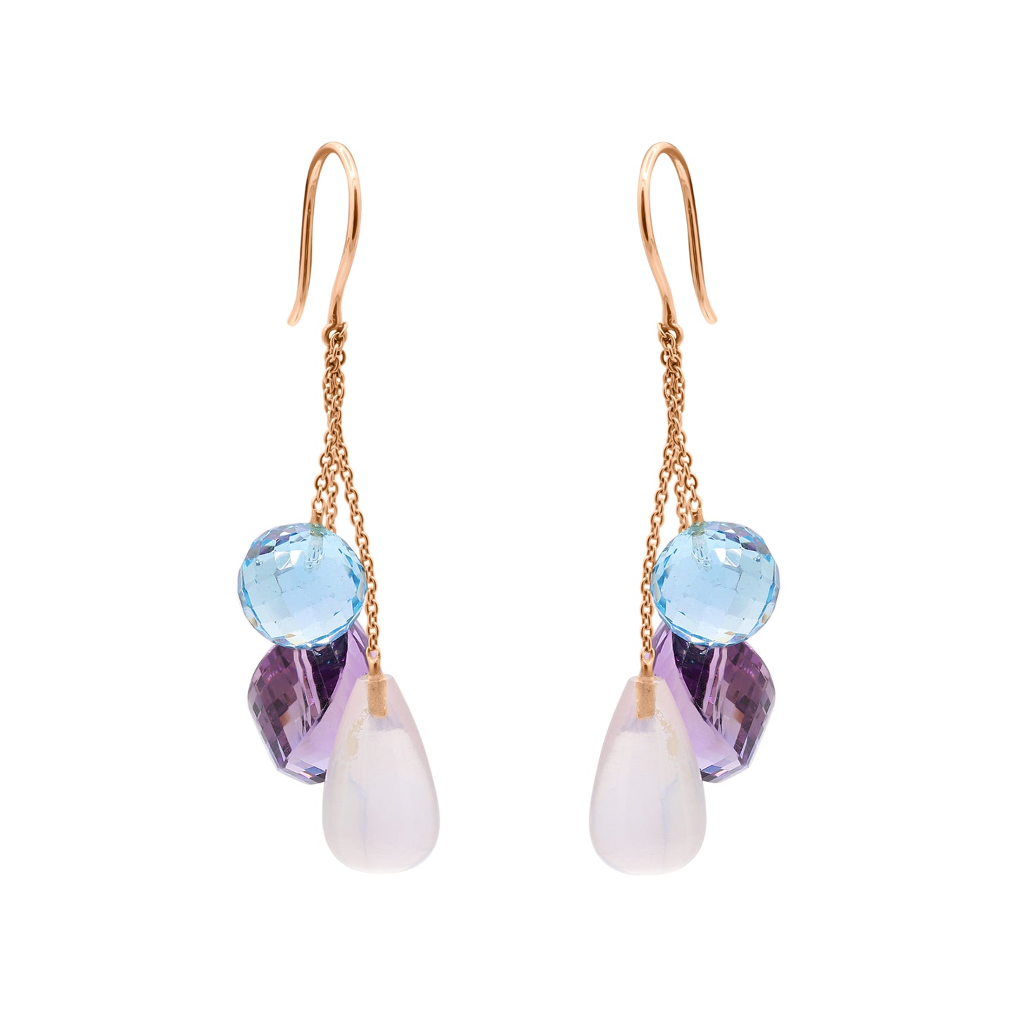 Natural Rose Quartz, Blue Topaz And Amethyst Gemstone Drop Earring In 18k Gold