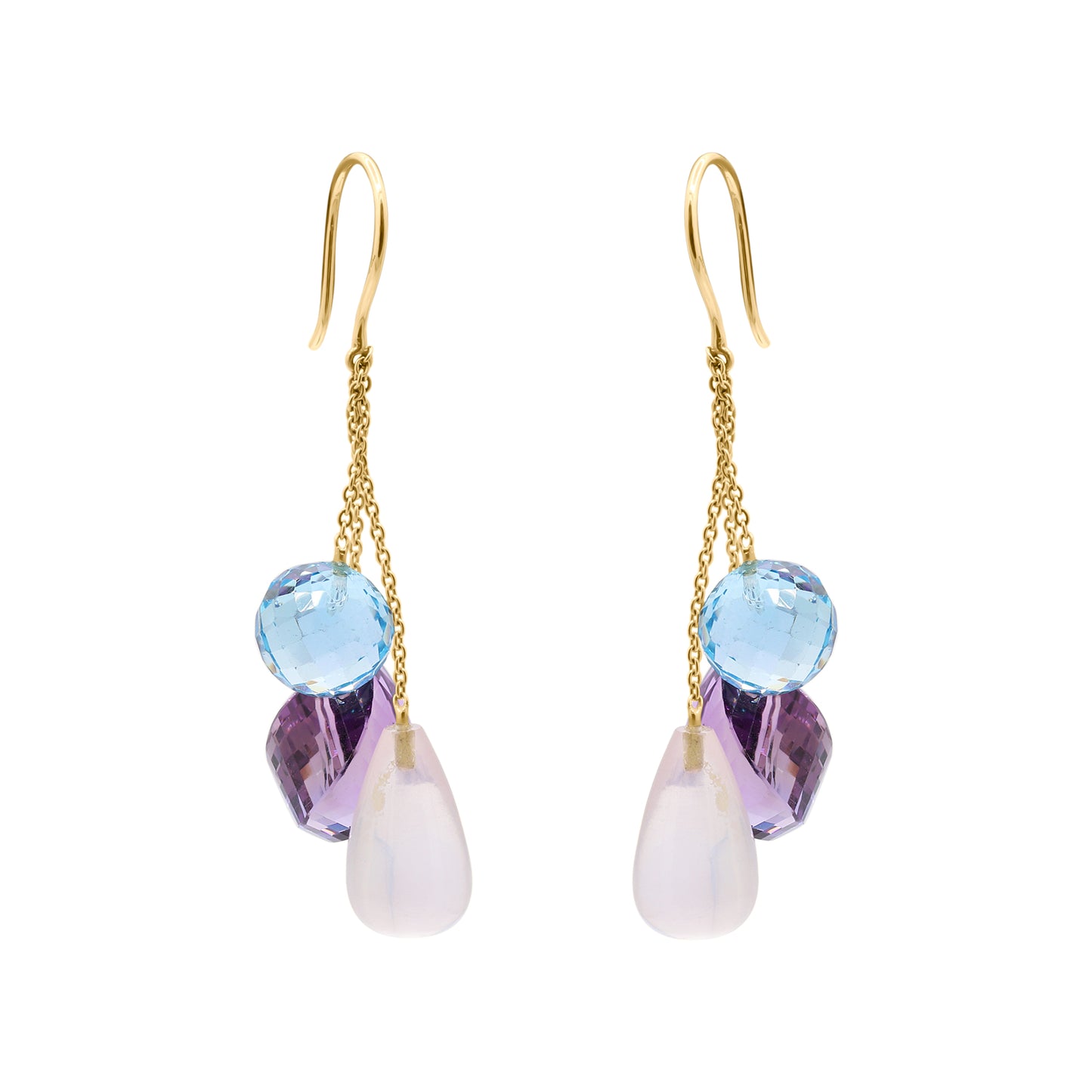 Natural Rose Quartz, Blue Topaz And Amethyst Gemstone Drop Earring In 18k Gold