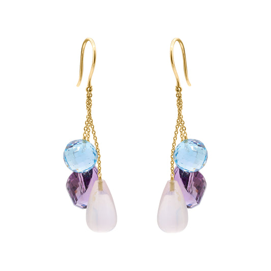 Natural Rose Quartz, Blue Topaz And Amethyst Gemstone Drop Earring In 18k Gold