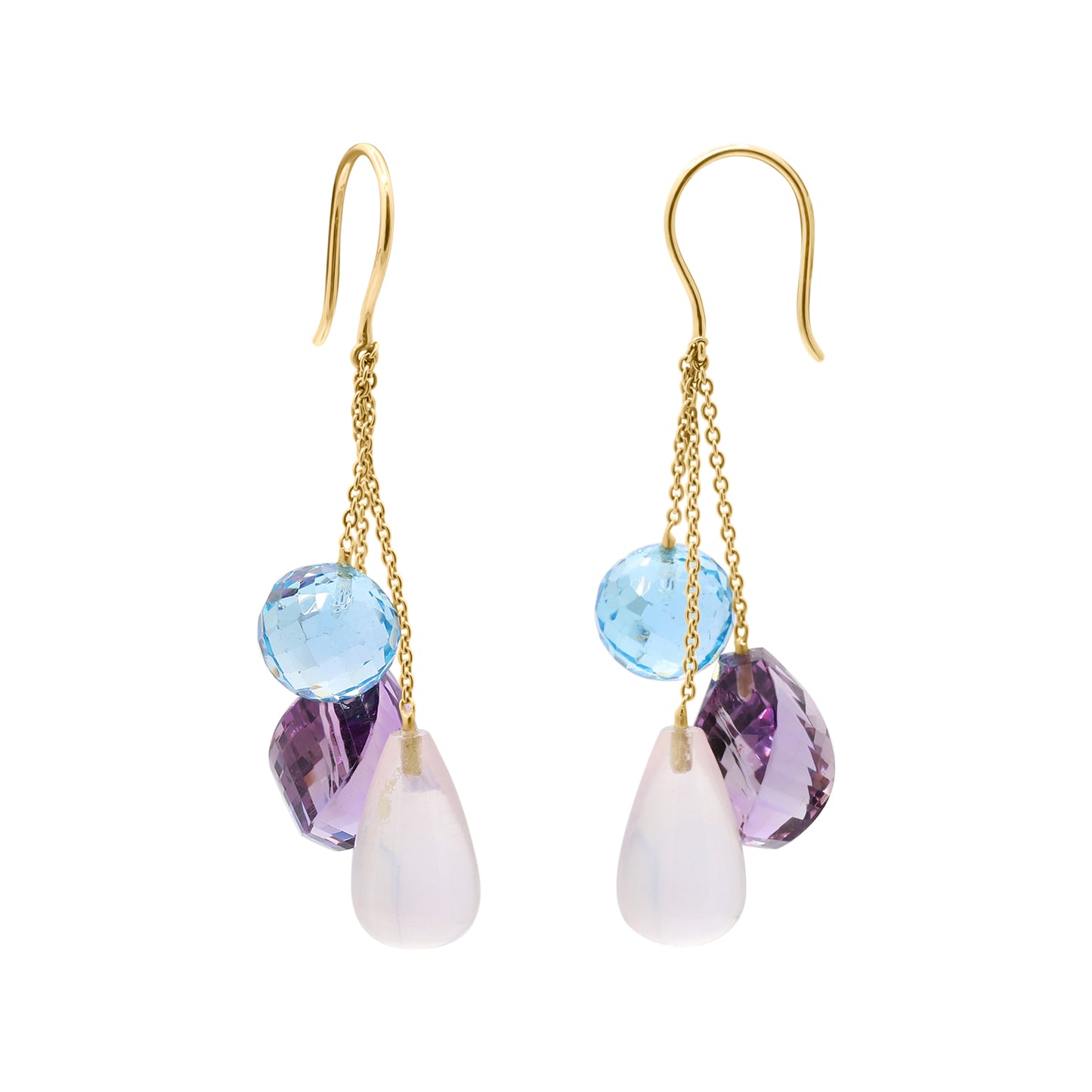 Natural Rose Quartz, Blue Topaz And Amethyst Gemstone Drop Earring In 18k Gold