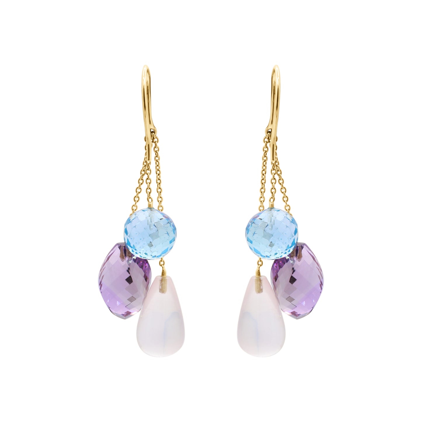 Natural Rose Quartz, Blue Topaz And Amethyst Gemstone Drop Earring In 18k Gold
