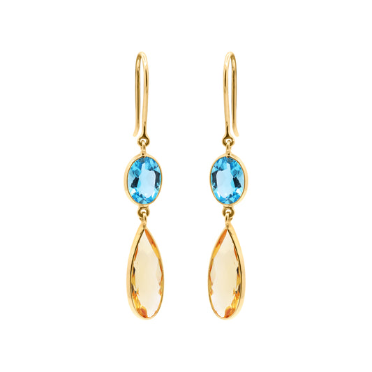 Natural Citrine And Blue Topaz Gemstone Drop Earring in 18K Gold