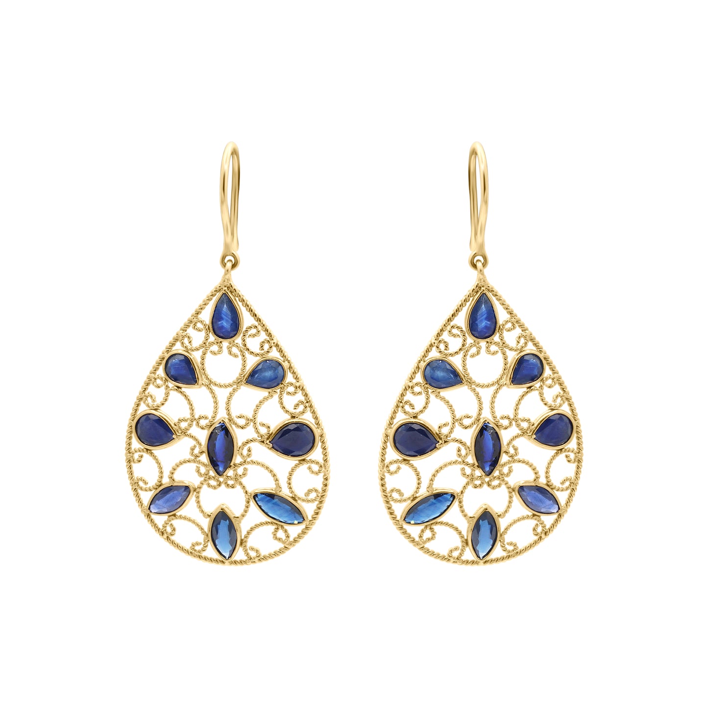18k Gold Natural Blue Sapphire Gemstone Drop Dangle Earrings