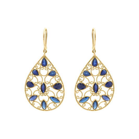 18k Gold Natural Blue Sapphire Gemstone Drop Dangle Earrings