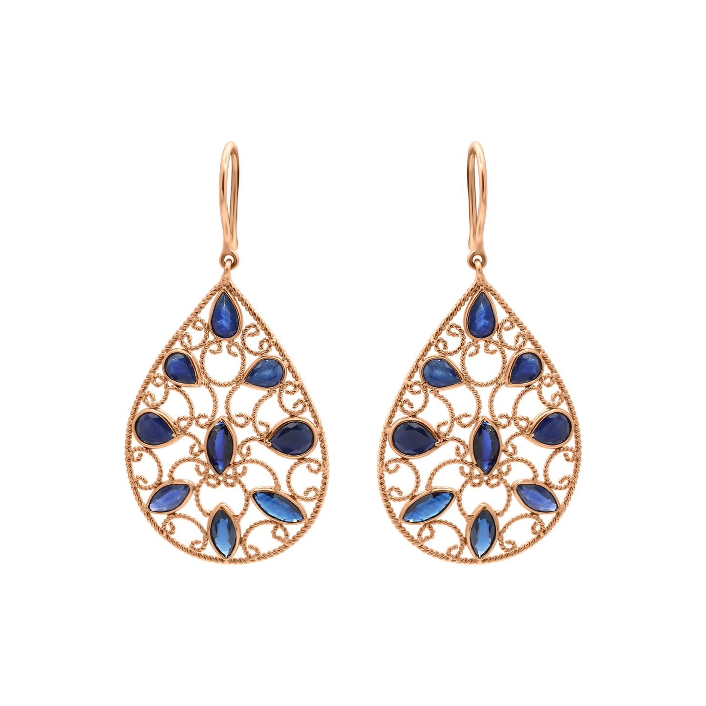 18k Gold Natural Blue Sapphire Gemstone Drop Dangle Earrings