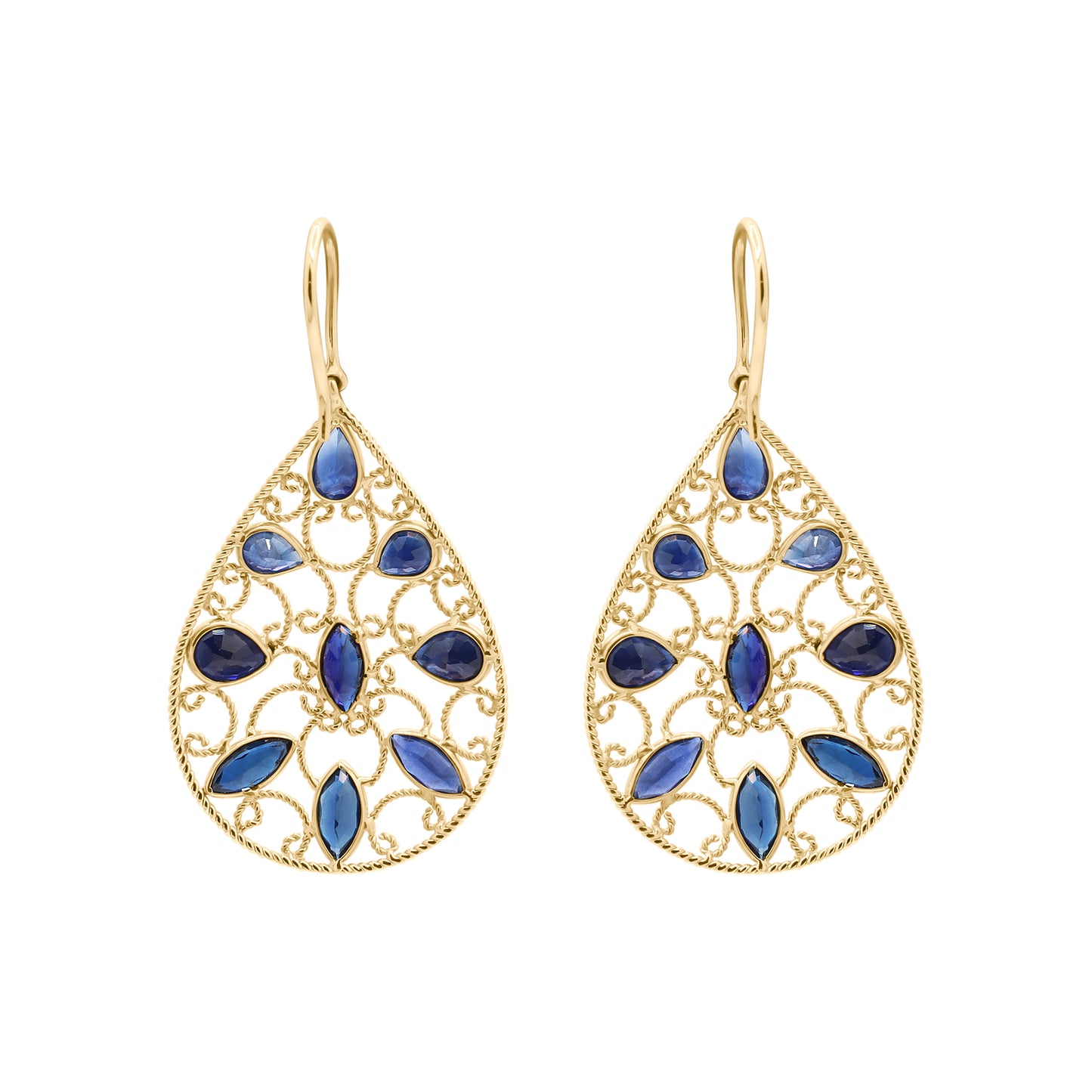 18k Gold Natural Blue Sapphire Gemstone Drop Dangle Earrings