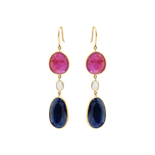 Natural Blue Sapphire, Ruby And Crystal Gemstone Drop Earring In 18k Gold