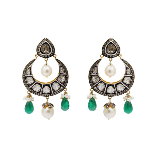 Natural Emerald, Pearl And Polki Diamond 925 Sterling Silver Drop Earrings